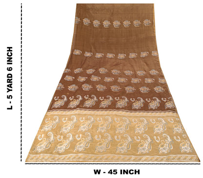 Sanskriti Vintage Paisley Woven 100% Pure Silk Saree Brown Sari 5Yd Craft Fabric