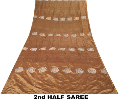 Sanskriti Vintage Paisley Woven 100% Pure Silk Saree Brown Sari 5Yd Craft Fabric