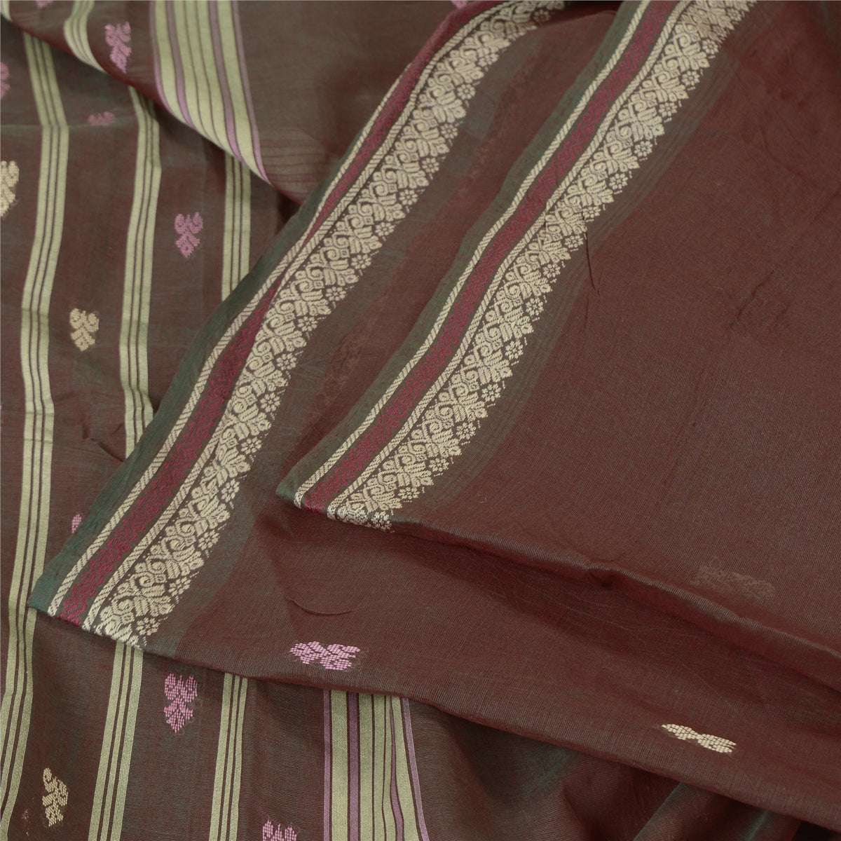 Sanskriti Vintage Tant Handwoven 100% Pure Cotton Saree Brown Bengal Sari Fabric