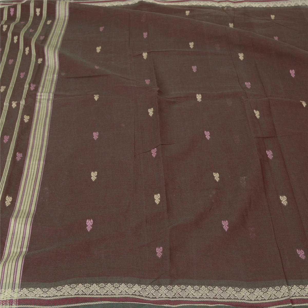 Sanskriti Vintage Tant Handwoven 100% Pure Cotton Saree Brown Bengal Sari Fabric
