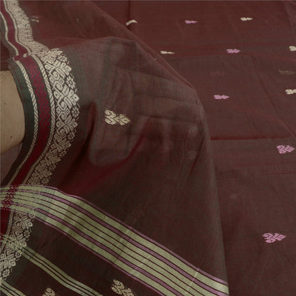 Sanskriti Vintage Tant Handwoven 100% Pure Cotton Saree Brown Bengal Sari Fabric
