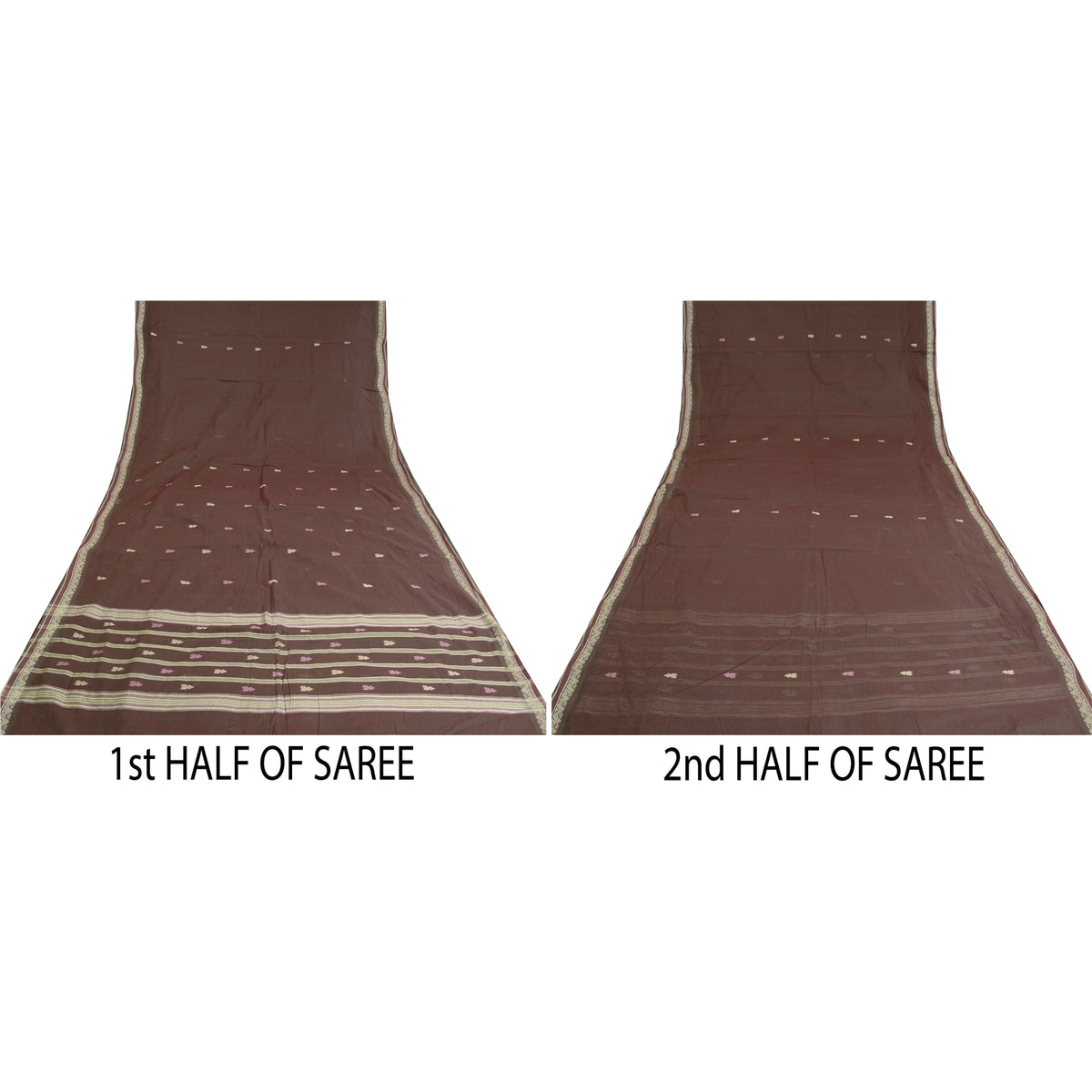 Sanskriti Vintage Tant Handwoven 100% Pure Cotton Saree Brown Bengal Sari Fabric