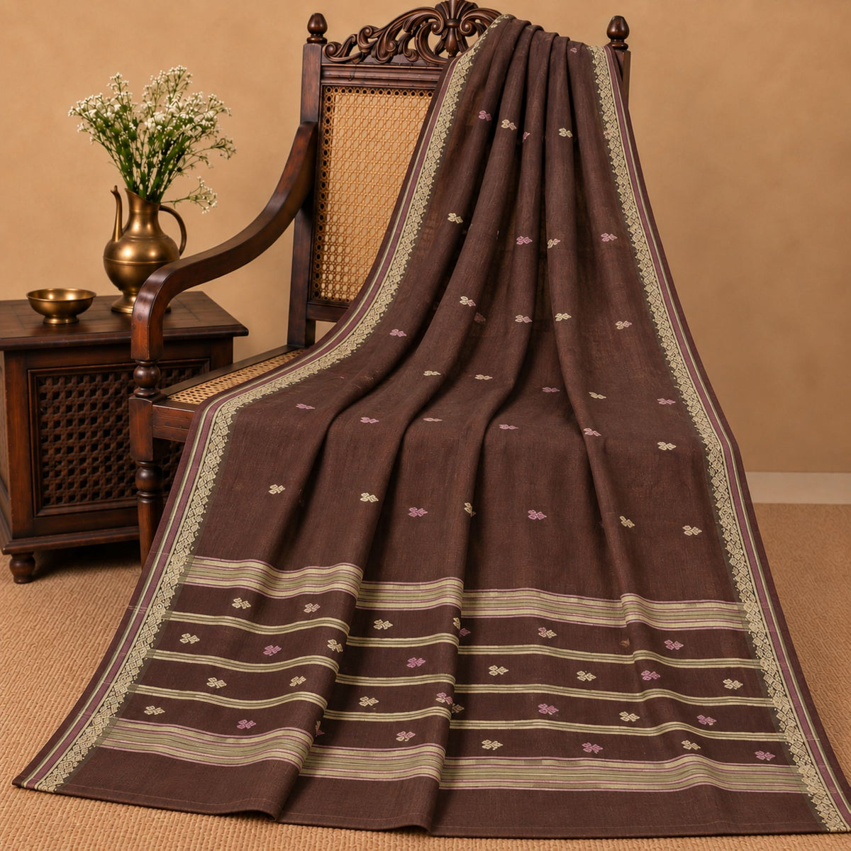 Sanskriti Vintage Tant Handwoven 100% Pure Cotton Saree Brown Bengal Sari Fabric