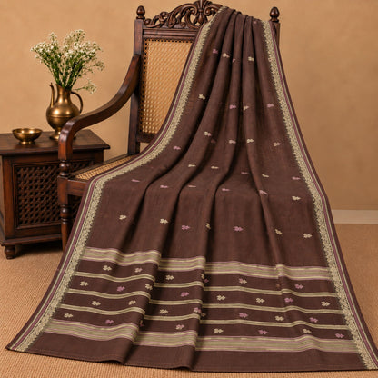 Sanskriti Vintage Tant Handwoven 100% Pure Cotton Saree Brown Bengal Sari Fabric