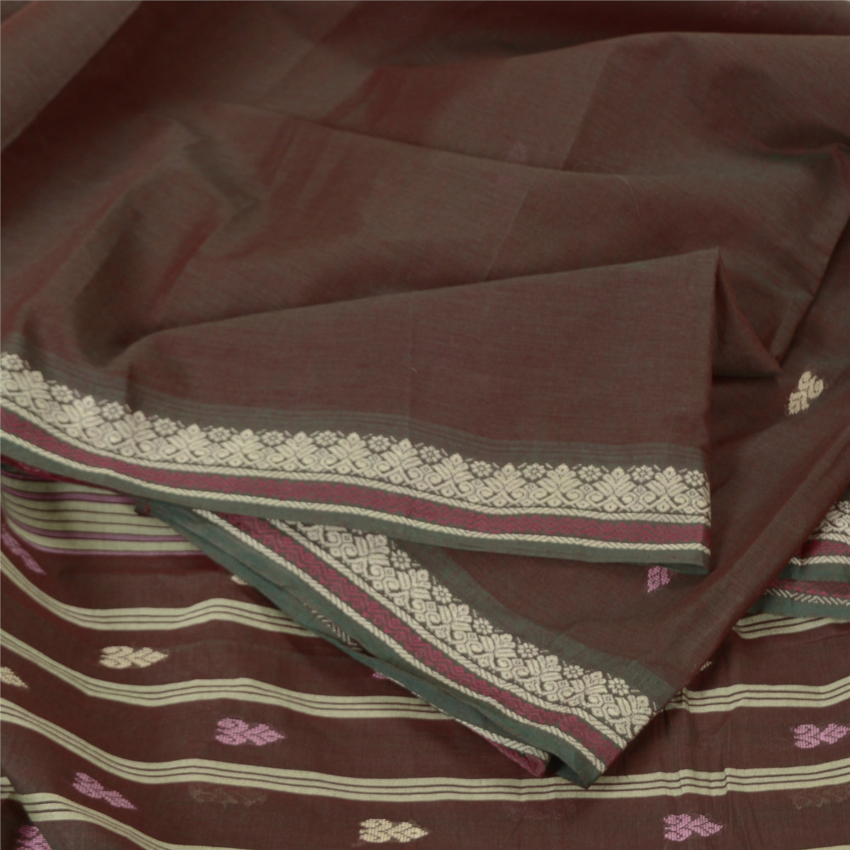 Sanskriti Vintage Tant Handwoven 100% Pure Cotton Saree Brown Bengal Sari Fabric