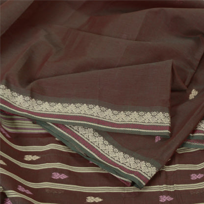 Sanskriti Vintage Tant Handwoven 100% Pure Cotton Saree Brown Bengal Sari Fabric