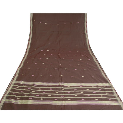 Sanskriti Vintage Tant Handwoven 100% Pure Cotton Saree Brown Bengal Sari Fabric