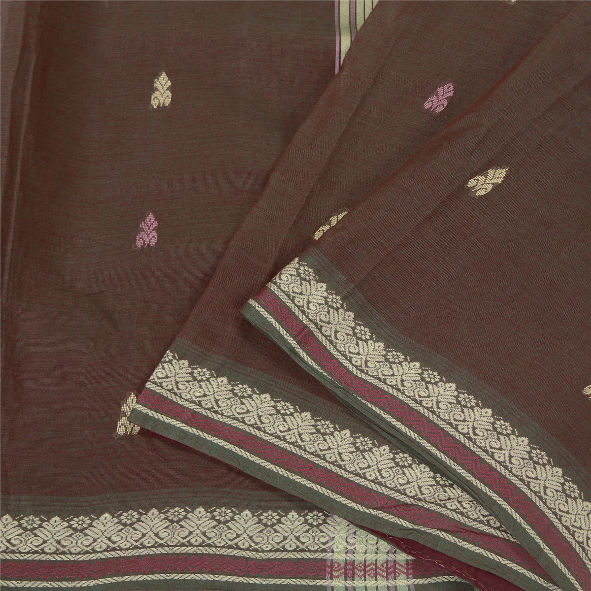 Sanskriti Vintage Tant Handwoven 100% Pure Cotton Saree Brown Bengal Sari Fabric