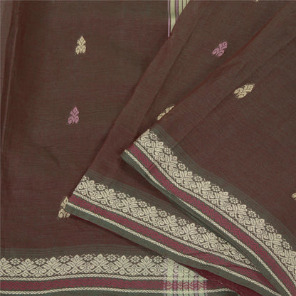 Sanskriti Vintage Tant Handwoven 100% Pure Cotton Saree Brown Bengal Sari Fabric