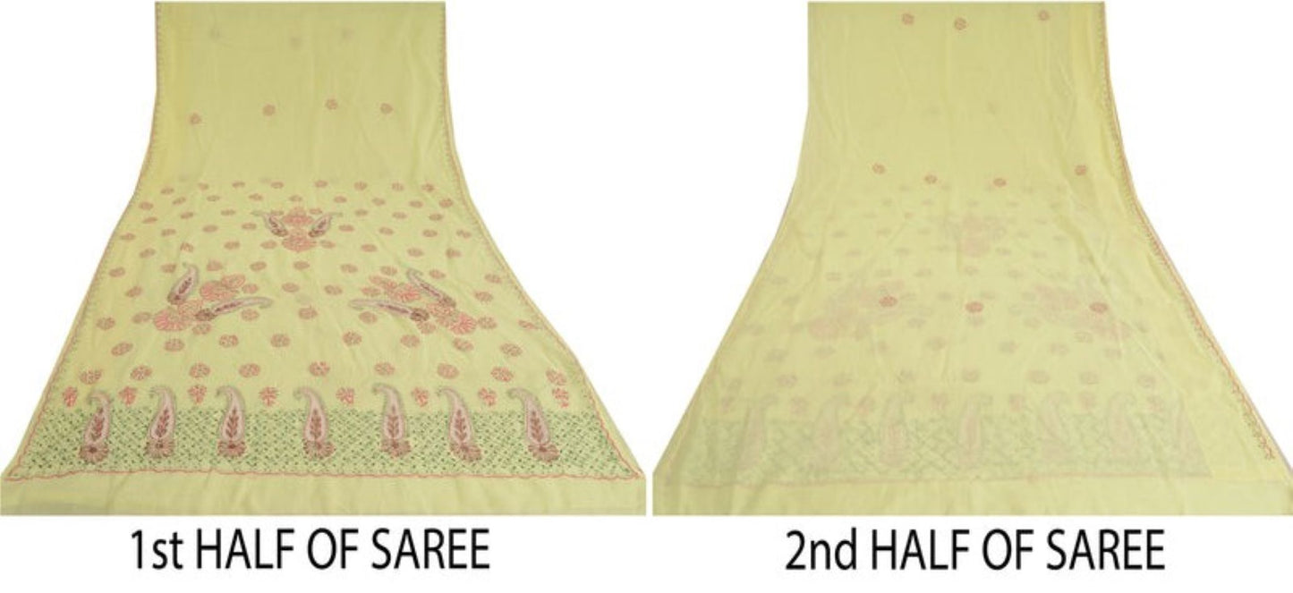 Sanskriti Vintage Yellow Sarees Blend Cotton Handmade Chikankari Sari Sustainable Fabric