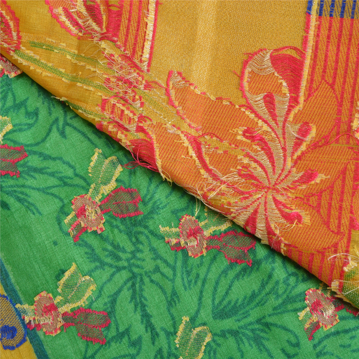 Sanskriti Vintage Jacquard Woven-Print Pure Silk Saree Green Sari Craft Fabric
