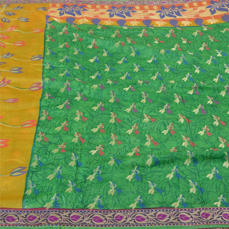 Sanskriti Vintage Jacquard Woven-Print Pure Silk Saree Green Sari Craft Fabric