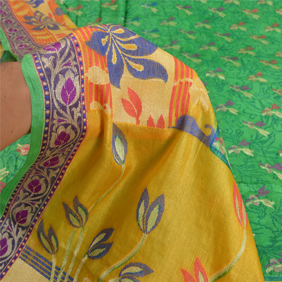Sanskriti Vintage Jacquard Woven-Print Pure Silk Saree Green Sari Craft Fabric