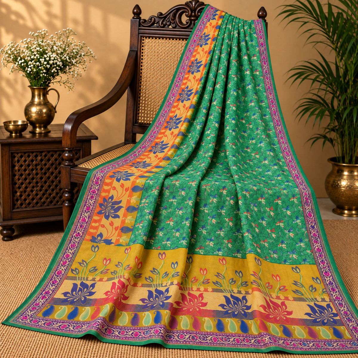 Sanskriti Vintage Jacquard Woven-Print Pure Silk Saree Green Sari Craft Fabric