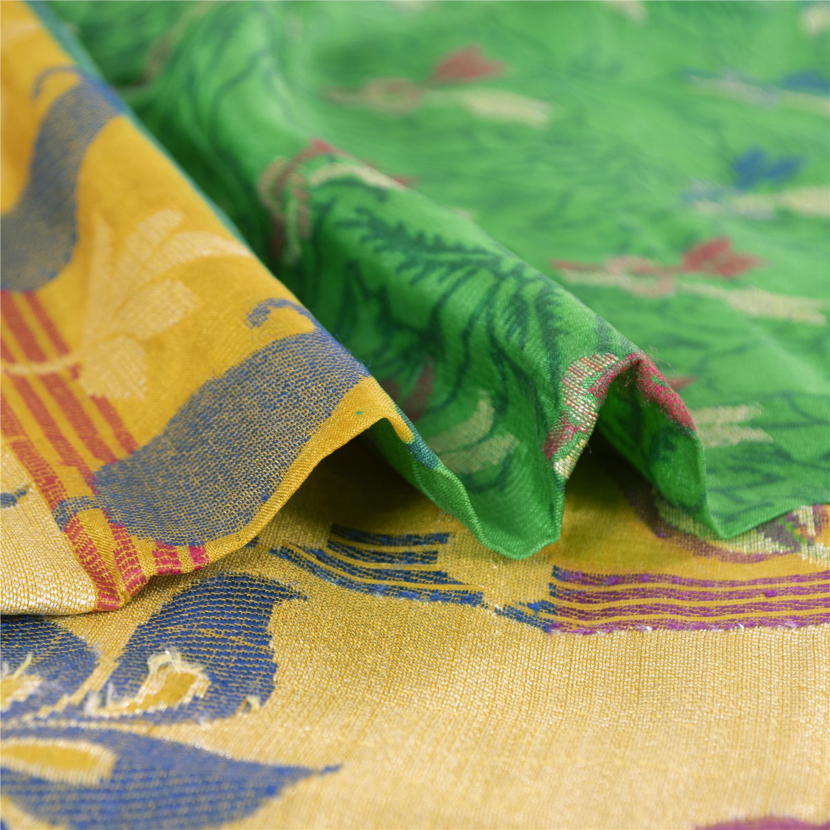 Sanskriti Vintage Jacquard Woven-Print Pure Silk Saree Green Sari Craft Fabric