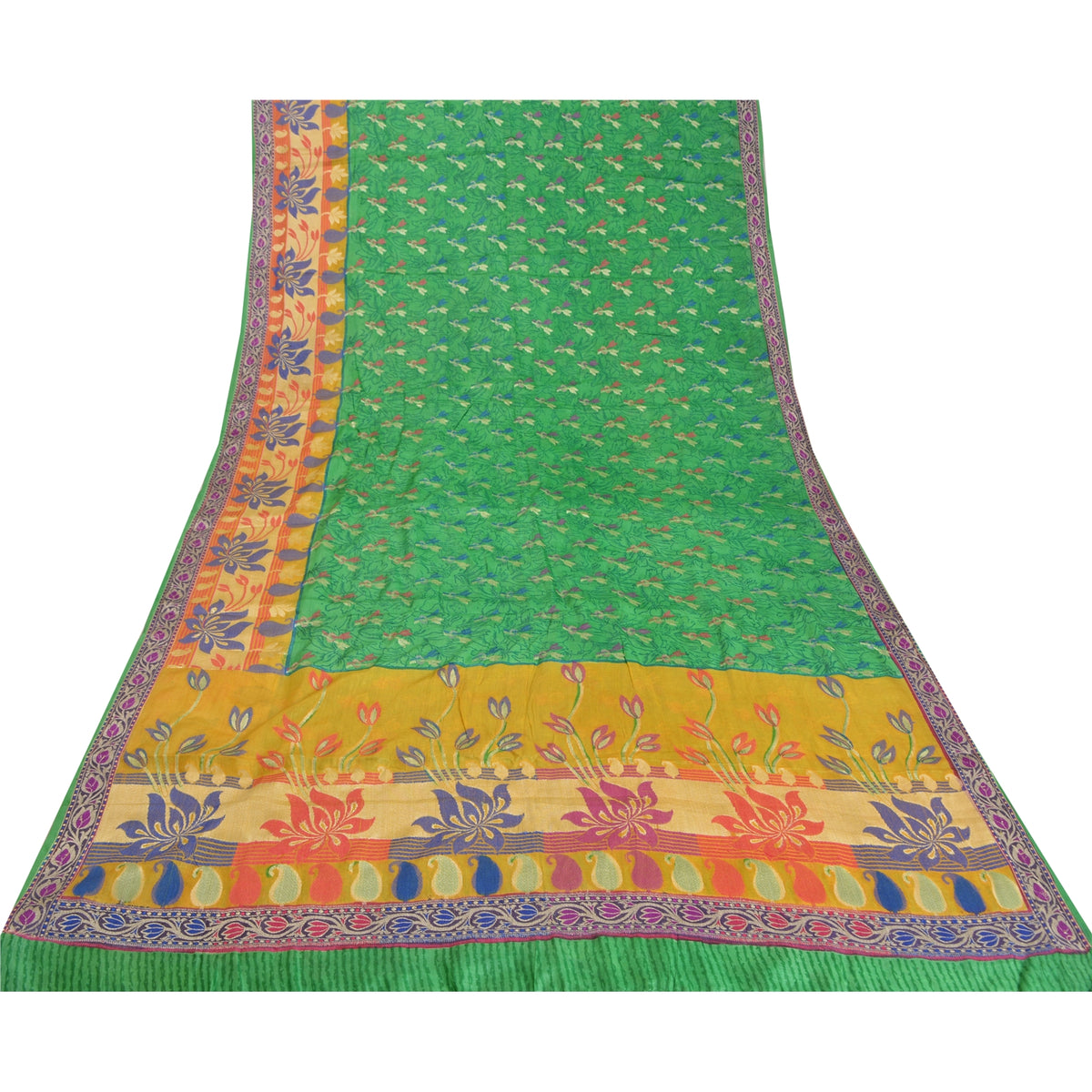 Sanskriti Vintage Jacquard Woven-Print Pure Silk Saree Green Sari Craft Fabric