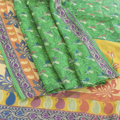 Sanskriti Vintage Jacquard Woven-Print Pure Silk Saree Green Sari Craft Fabric