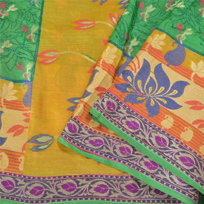 Sanskriti Vintage Jacquard Woven-Print Pure Silk Saree Green Sari Craft Fabric