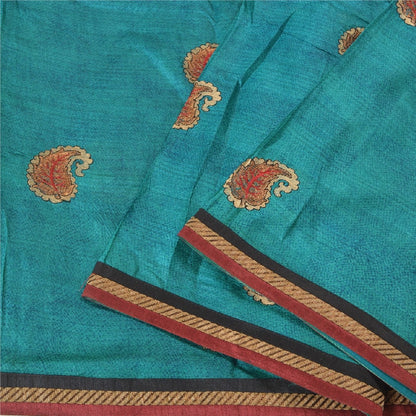 Sanskriti Vintage Teal Sarees 100% Pure Silk Embroidered Sari Craft Sustainable Fabric
