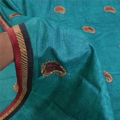 Sanskriti Vintage Teal Sarees 100% Pure Silk Embroidered Sari Craft Sustainable Fabric