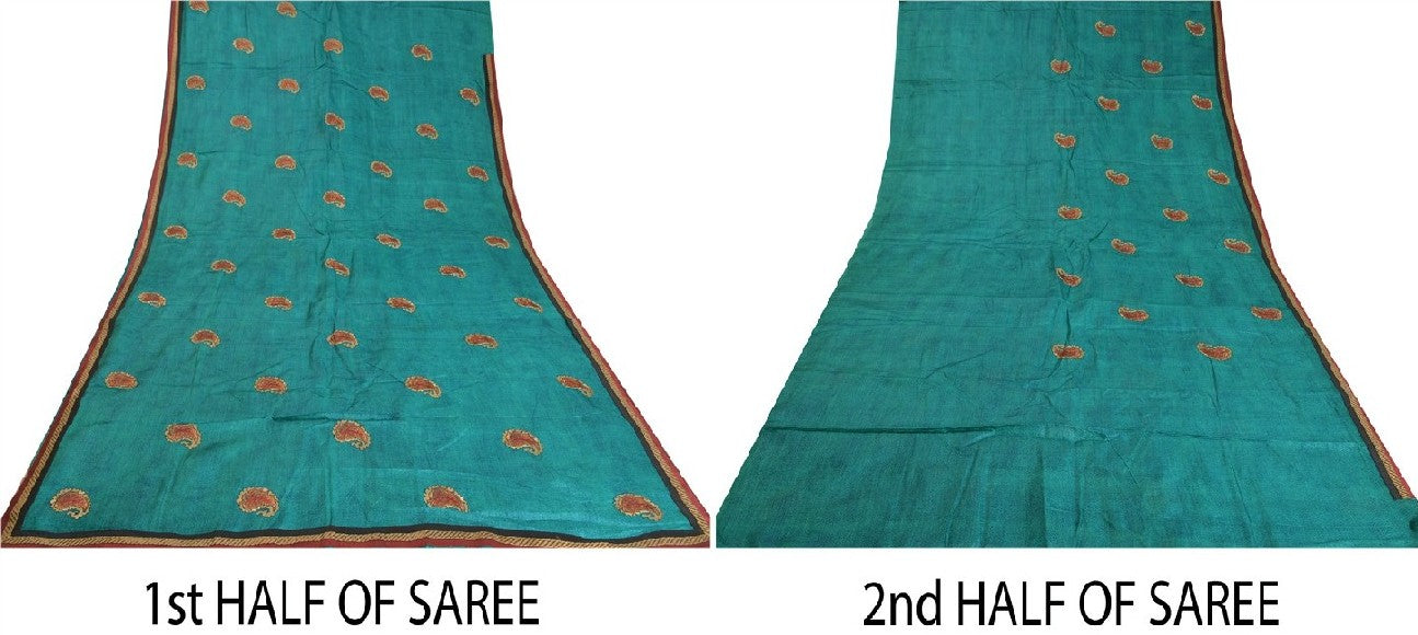 Sanskriti Vintage Teal Sarees 100% Pure Silk Embroidered Sari Craft Sustainable Fabric