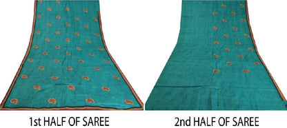 Sanskriti Vintage Teal Sarees 100% Pure Silk Embroidered Sari Craft Sustainable Fabric