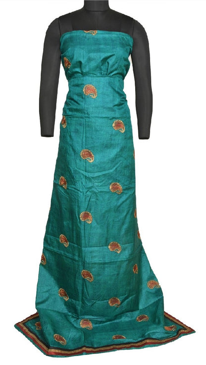 Sanskriti Vintage Teal Sarees 100% Pure Silk Embroidered Sari Craft Sustainable Fabric