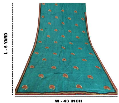 Sanskriti Vintage Teal Sarees 100% Pure Silk Embroidered Sari Craft Sustainable Fabric