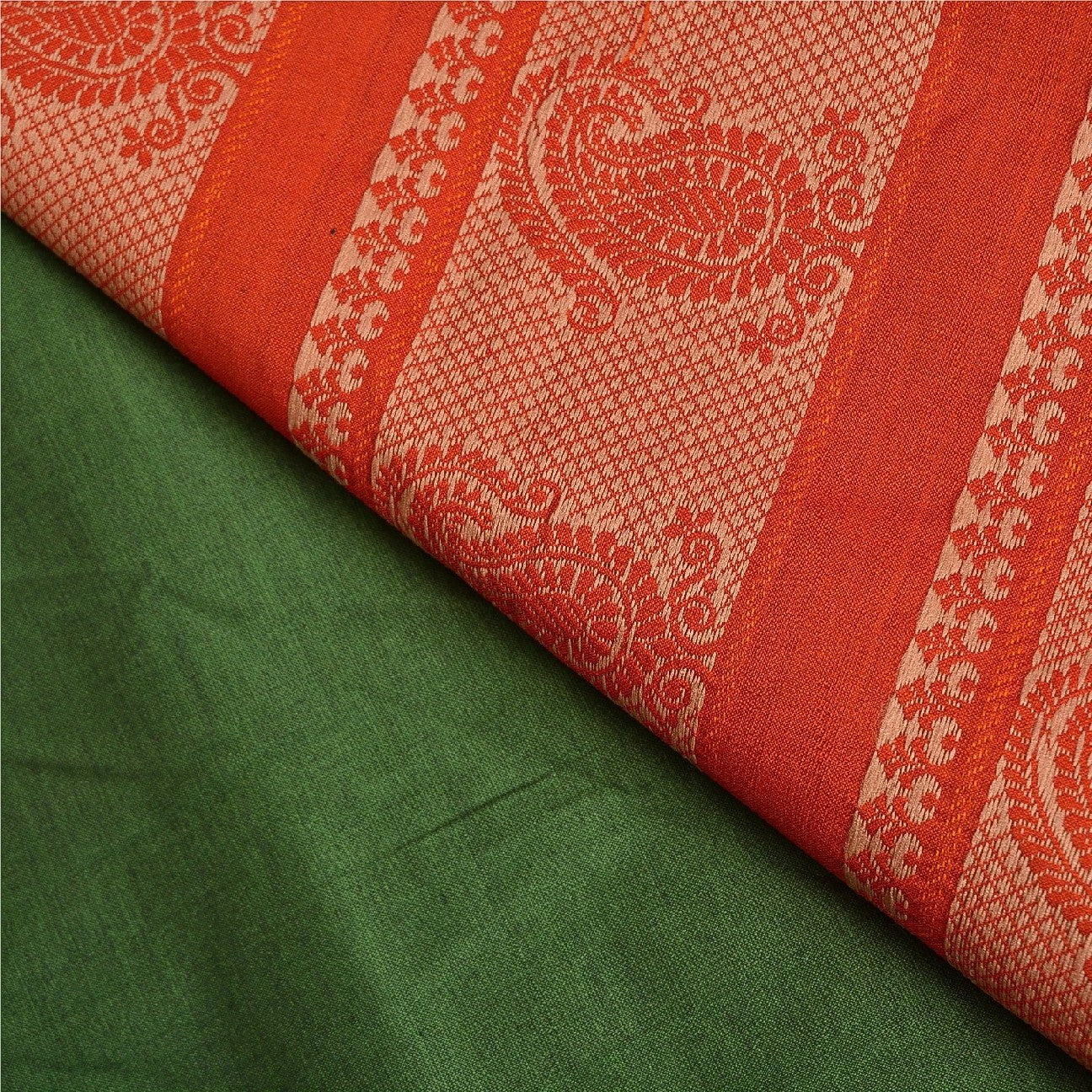 Sanskriti Vintage Saffron/Green Sarees Blend Silk Woven Premium Sari Sustainable Fabric