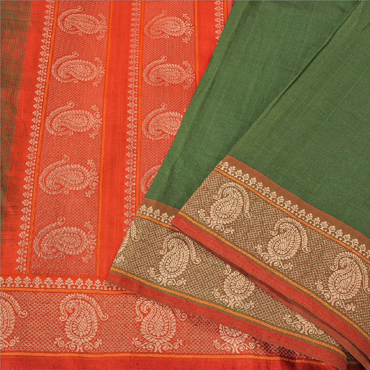 Sanskriti Vintage Saffron/Green Sarees Blend Silk Woven Premium Sari Sustainable Fabric