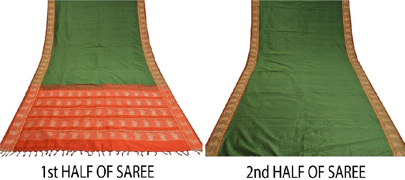 Sanskriti Vintage Saffron/Green Sarees Blend Silk Woven Premium Sari Sustainable Fabric