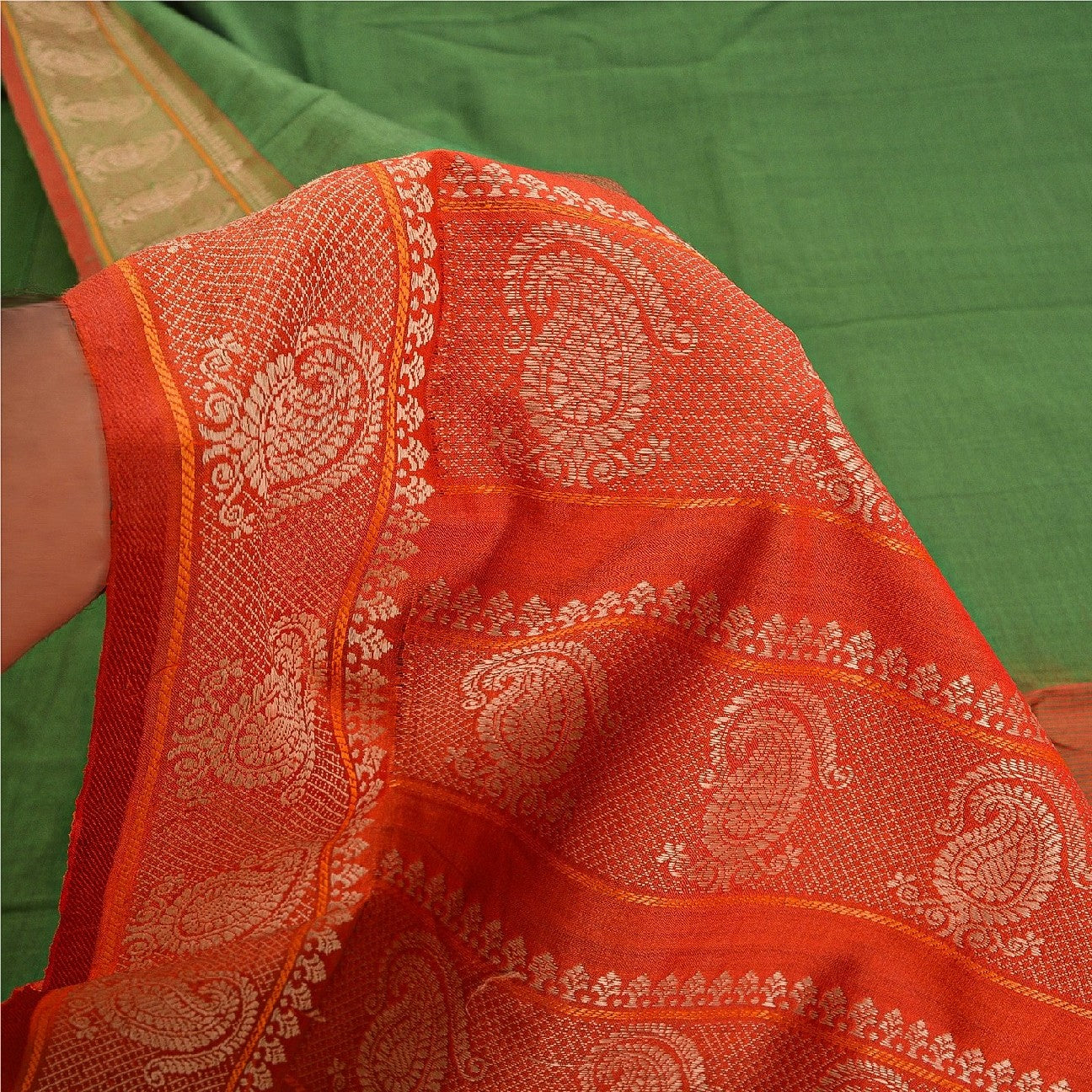 Sanskriti Vintage Saffron/Green Sarees Blend Silk Woven Premium Sari Sustainable Fabric