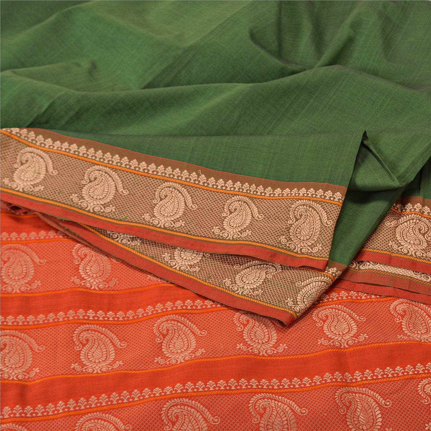 Sanskriti Vintage Saffron/Green Sarees Blend Silk Woven Premium Sari Sustainable Fabric