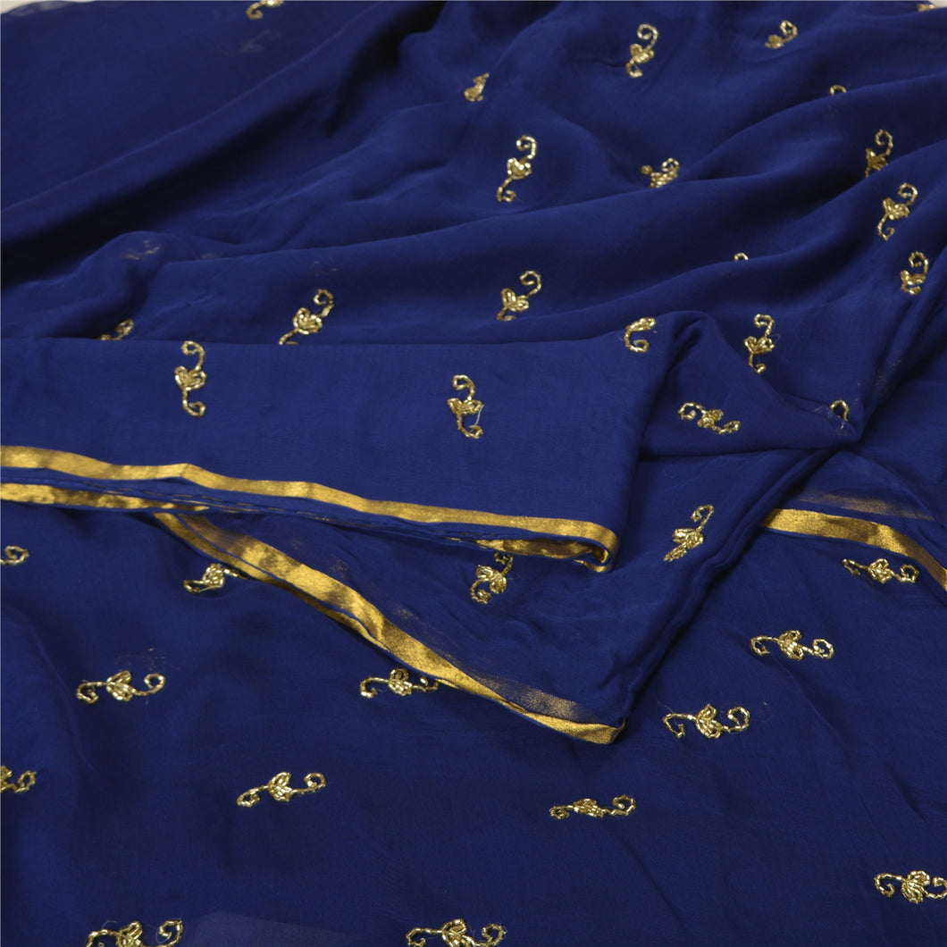 Sanskriti Vintage Blue Sarees Pure Chiffon Silk Hand Beaded Sari Craft Fabric