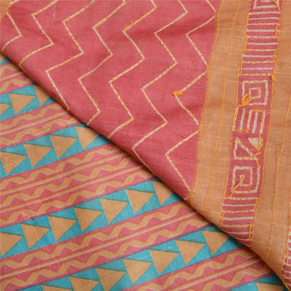 Sanskriti Vintage Pink Sarees Pure Silk Hand Beaded Kantha Sari 5yd Craft Fabric