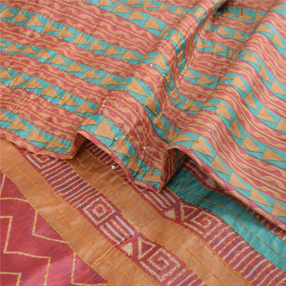 Sanskriti Vintage Pink Sarees Pure Silk Hand Beaded Kantha Sari 5yd Craft Fabric