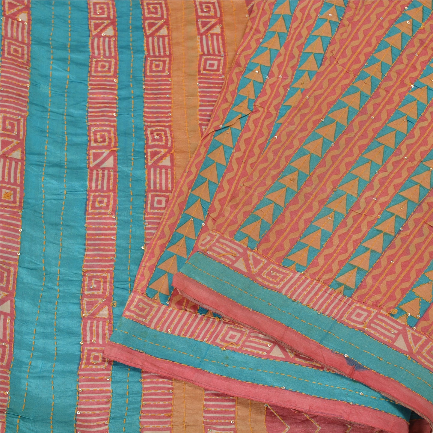 Sanskriti Vintage Pink Sarees Pure Silk Hand Beaded Kantha Sari 5yd Craft Fabric