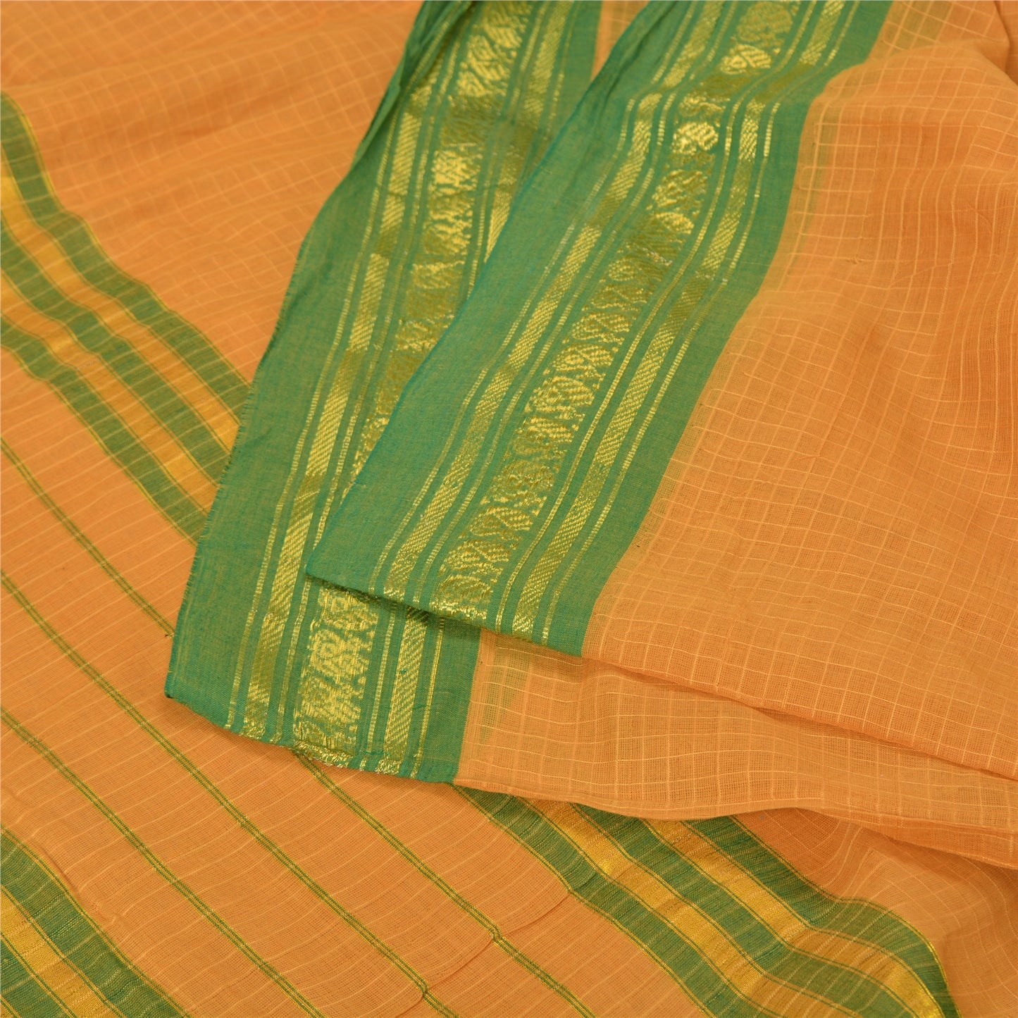 Sanskriti Vintage Saffron Sarees 100% Pure Cotton Woven Ilkal Rare Sari Fabric