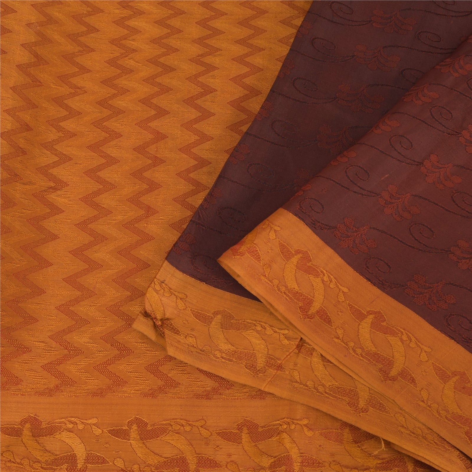 Sanskriti Vintage Mustard/Dark Red Sarees Pure Silk Woven Sari 5yd Craft Fabric