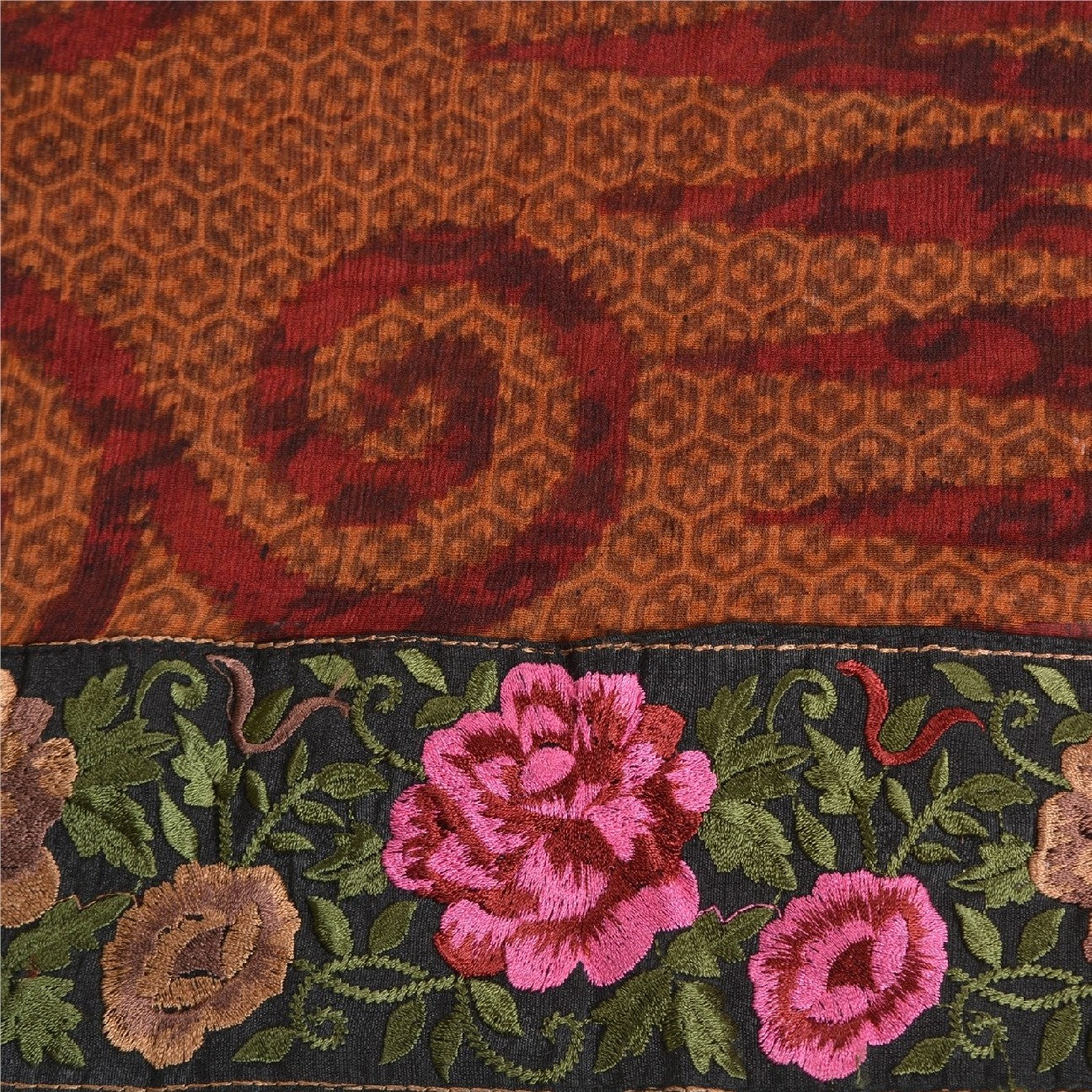 Sanskriti Vintage Dark Red Sarees Pure Chiffon Silk Embroidered Sari Sustainable Fabric