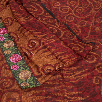 Sanskriti Vintage Dark Red Sarees Pure Chiffon Silk Embroidered Sari Sustainable Fabric