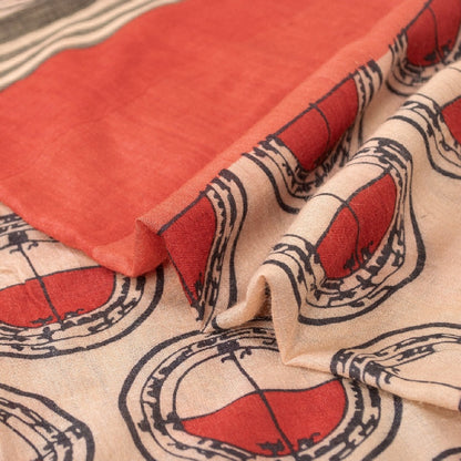 Sanskriti Vintage Ivory/Red Sarees Pure Silk Block Printed Sari Craft Sustainable Fabric