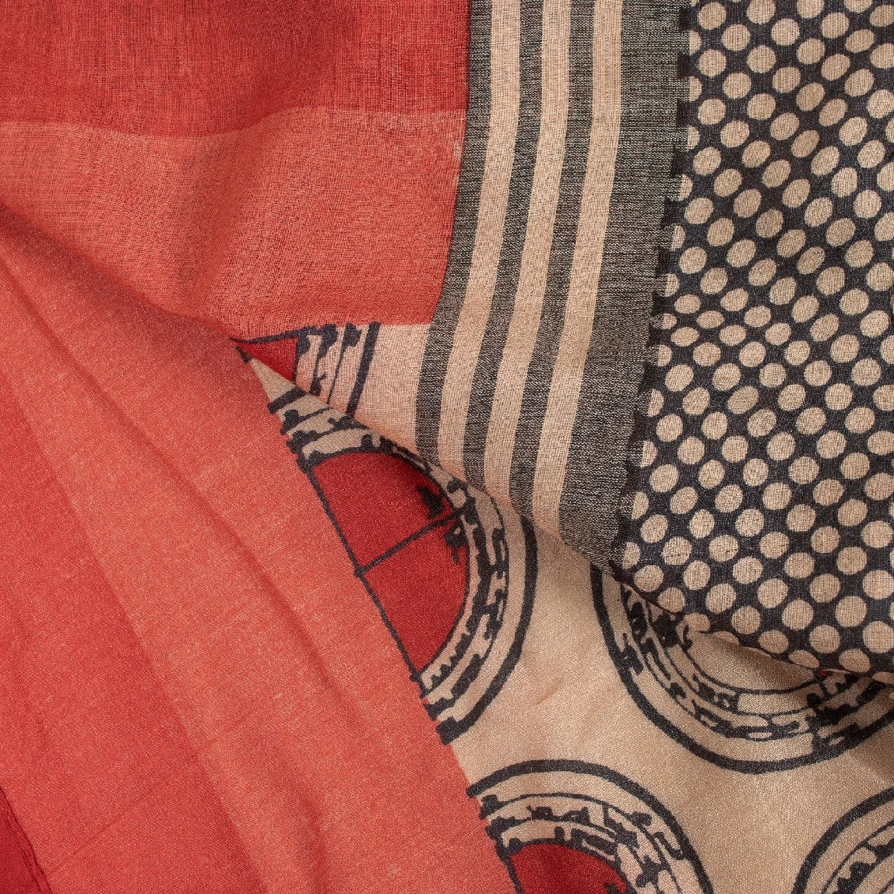 Sanskriti Vintage Ivory/Red Sarees Pure Silk Block Printed Sari Craft Sustainable Fabric