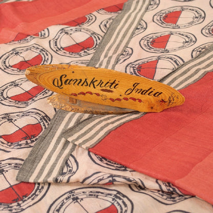 Sanskriti Vintage Ivory/Red Sarees Pure Silk Block Printed Sari Craft Sustainable Fabric