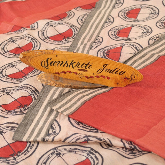 Sanskriti Vintage Ivory/Red Sarees Pure Silk Block Printed Sari Craft Sustainable Fabric