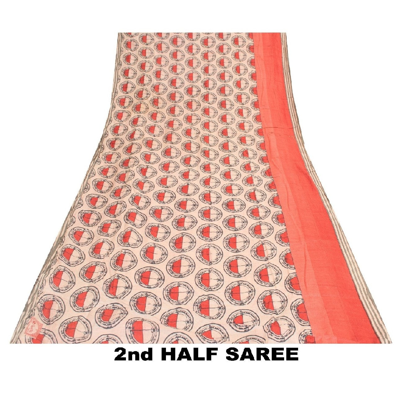 Sanskriti Vintage Ivory/Red Sarees Pure Silk Block Printed Sari Craft Sustainable Fabric