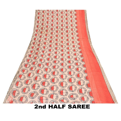 Sanskriti Vintage Ivory/Red Sarees Pure Silk Block Printed Sari Craft Sustainable Fabric