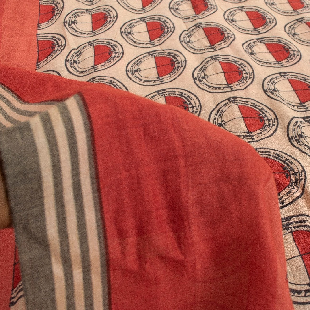 Sanskriti Vintage Ivory/Red Sarees Pure Silk Block Printed Sari Craft Sustainable Fabric