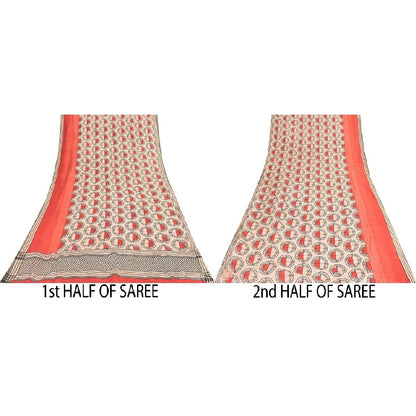 Sanskriti Vintage Ivory/Red Sarees Pure Silk Block Printed Sari Craft Sustainable Fabric