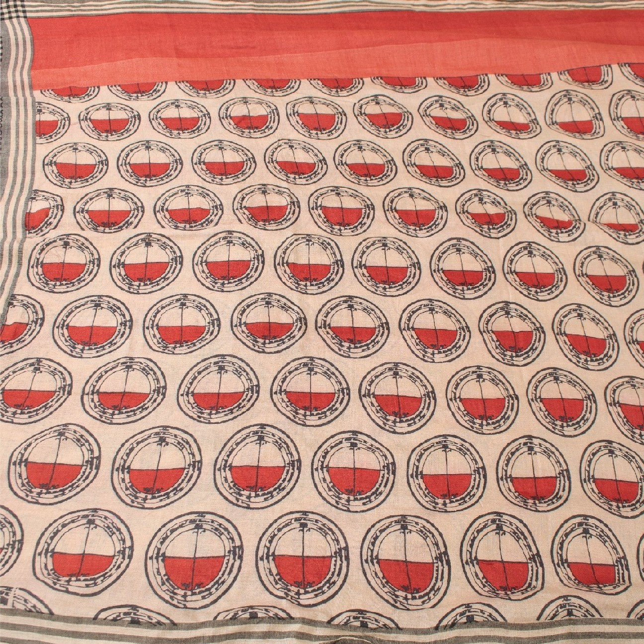 Sanskriti Vintage Ivory/Red Sarees Pure Silk Block Printed Sari Craft Sustainable Fabric